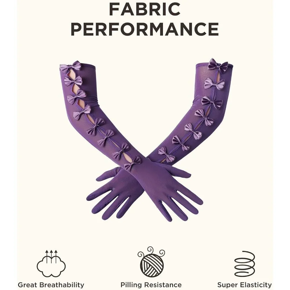 Women's Princess Purple Long Sleeves Gloves Bow Lace Mesh Tulle Party Prom